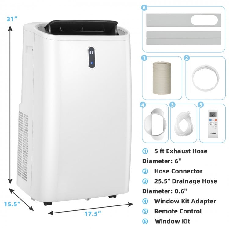 Portable 14000 BTU air conditioner in white with remote control, window kit, and multifunctional modes for versatile.
