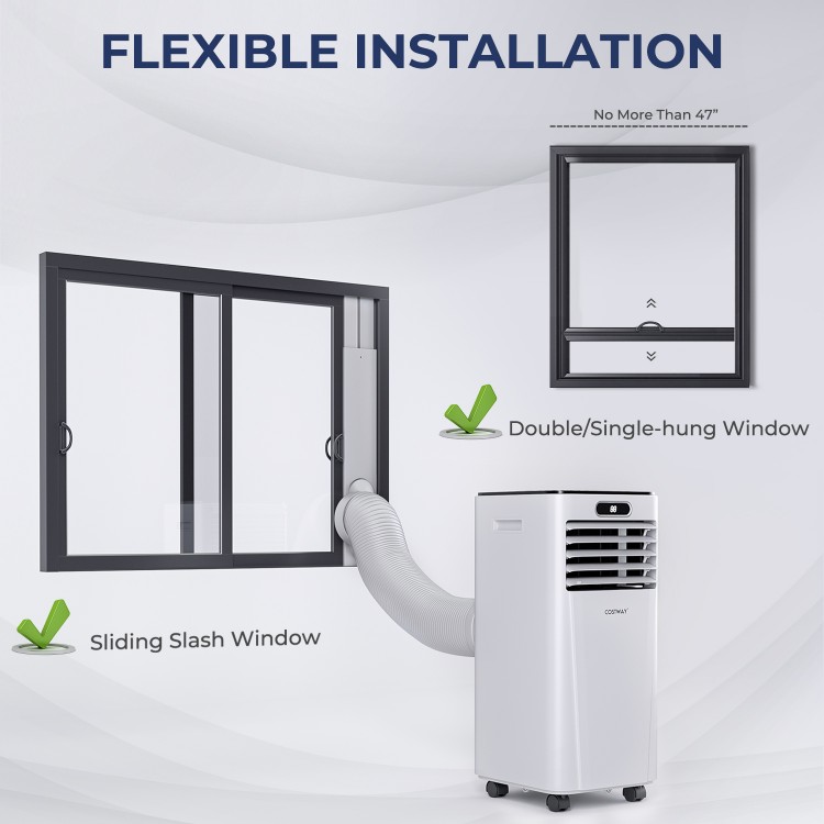 Portable air conditioner installation options for double/single-hung and sliding slash windows, 10000 BTU cooling.