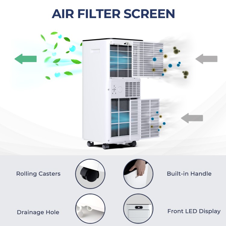 Portable 10000 BTU air conditioner with dehumidifier and fan mode, featuring rolling casters and front LED display.