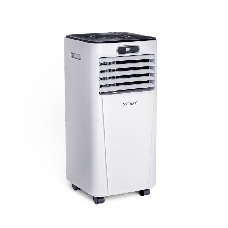Portable 10000 BTU air conditioner in white, featuring cooling, dehumidifying, and fan modes, ideal for small spaces.