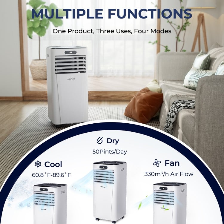 Portable 10000 BTU air conditioner in white, featuring cooling, dehumidifying, and fan modes, ideal for home use.