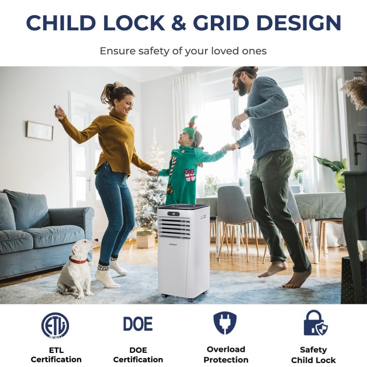 Portable 10000 BTU air conditioner with child lock, remote control, and rolling wheels for easy mobility in any space.