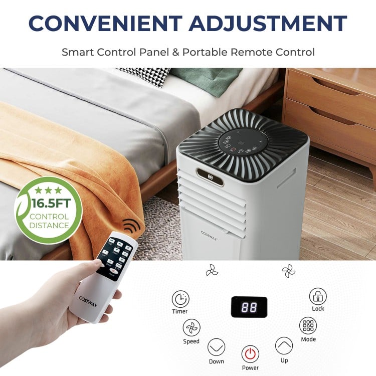 Portable air conditioner with remote control, 10000 BTU, features cooling, dehumidifying, and fan modes for versatile.