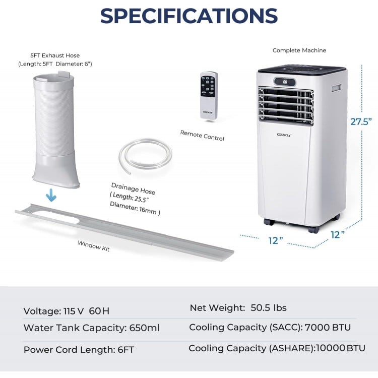 Portable air conditioner with remote control, 10000 BTU cooling capacity, ideal for bedroom or small apartment use.