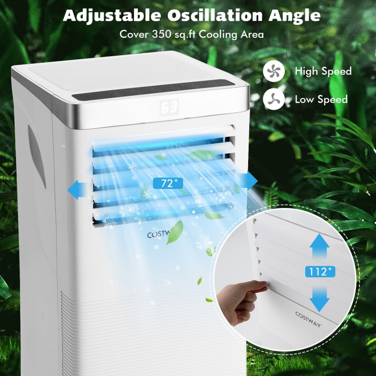 Portable air conditioner with adjustable oscillation angle, 10000 BTU cooling capacity, ideal for bedrooms and offices.
