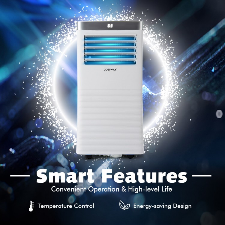 Portable 10000 BTU air conditioner in white with remote control, featuring cooling, dehumidifying, and sleep modes.