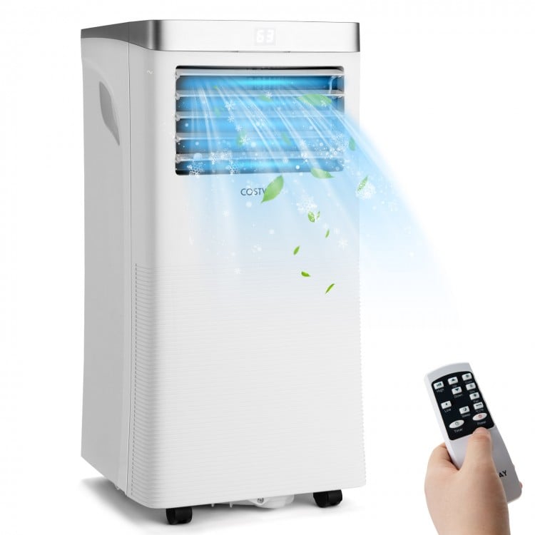Portable 10000 BTU air conditioner in white with remote control, ideal for cooling bedrooms and small spaces.