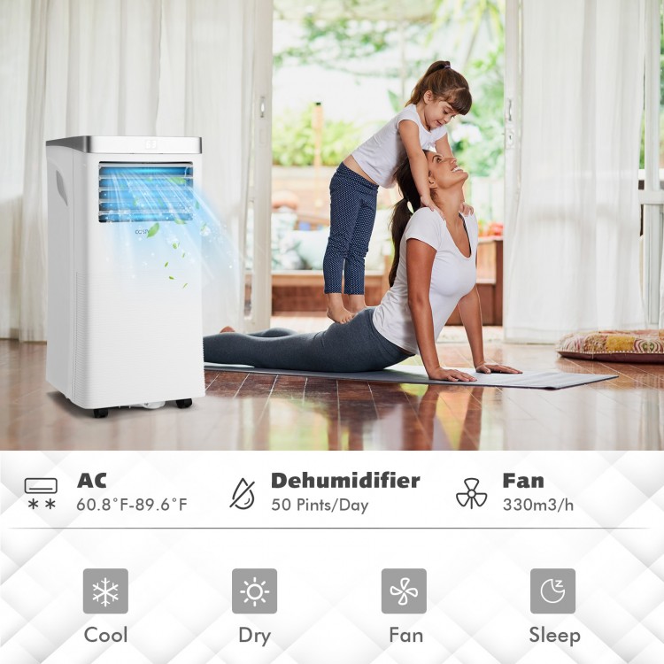 Portable 10000 BTU air conditioner in white with remote control, ideal for cooling, drying, and sleeping in small.