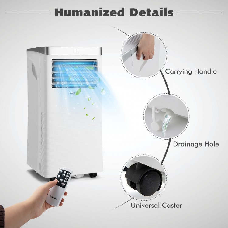 Close-up of the 10000BTU portable air conditioner showing the remote control, carrying handle, and drainage hole.