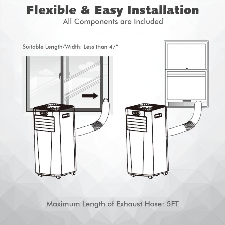Portable air conditioner with exhaust hose installation guide, 10000 BTU, suitable for windows less than 47 inches wide.