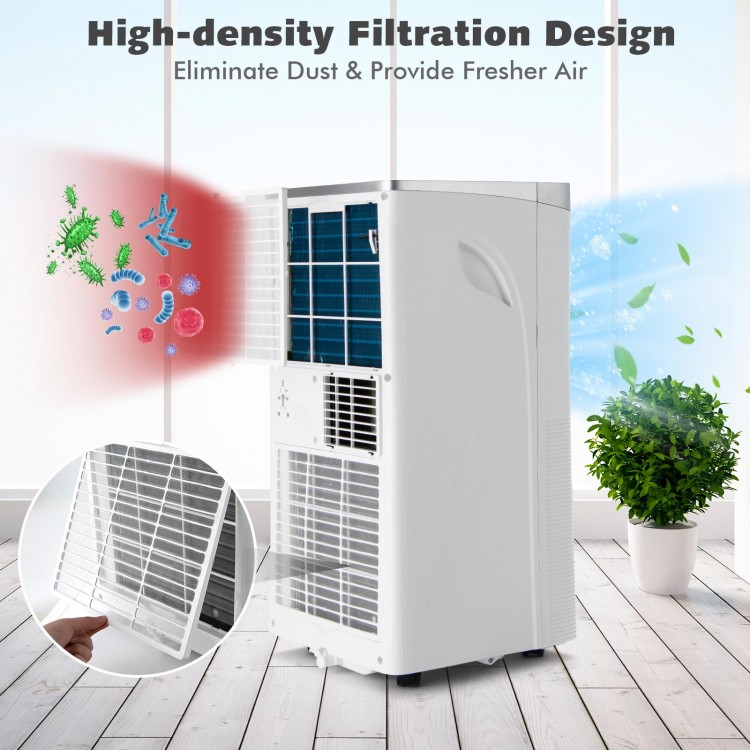 Portable 10000BTU air conditioner with remote control, featuring high-density filtration for cleaner air and adjustable.