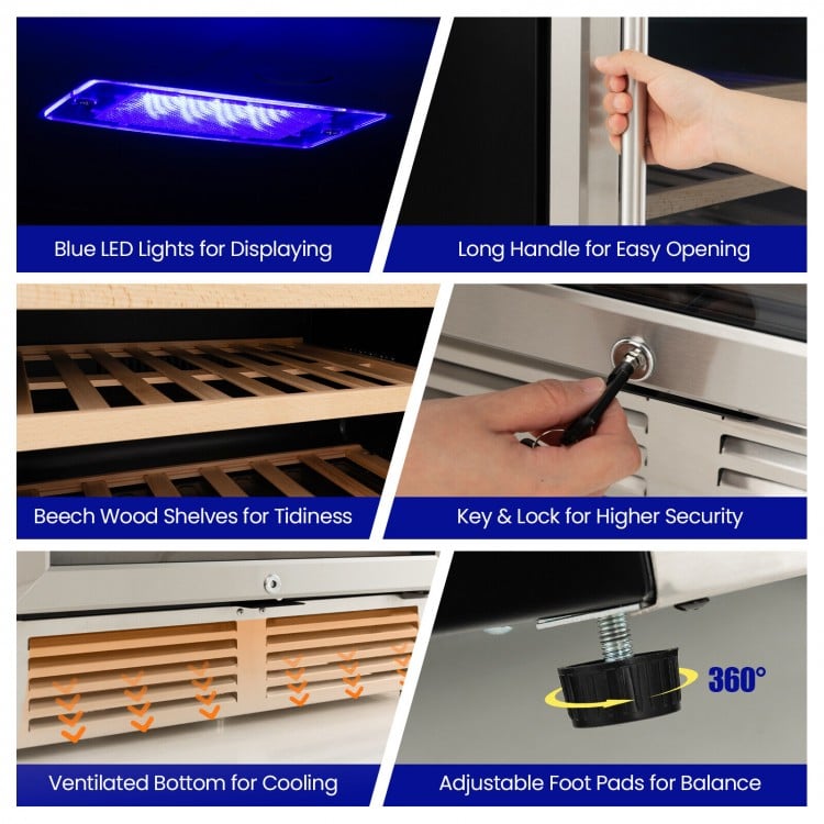 Beech wood shelves and blue LED lights in the dual zone wine cooler for 51 bottles, featuring a reversible door.