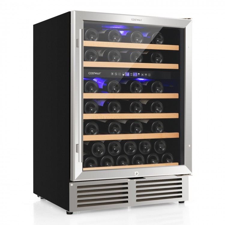 Dual zone wine cooler for 51 bottles with reversible door, stainless steel frame, and blue LED lights for display.
