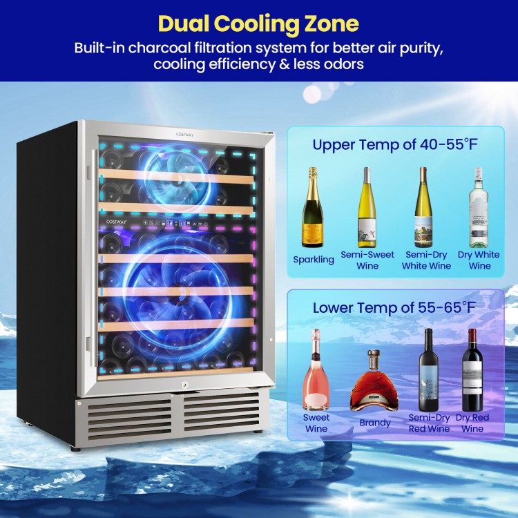 Dual zone wine cooler for 51 bottles with reversible door, charcoal filtration, and blue LED lights for display.