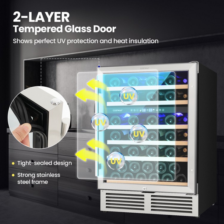 Dual zone wine cooler with 2-layer tempered glass door, UV protection, and stainless steel frame for 51 Bordeaux.