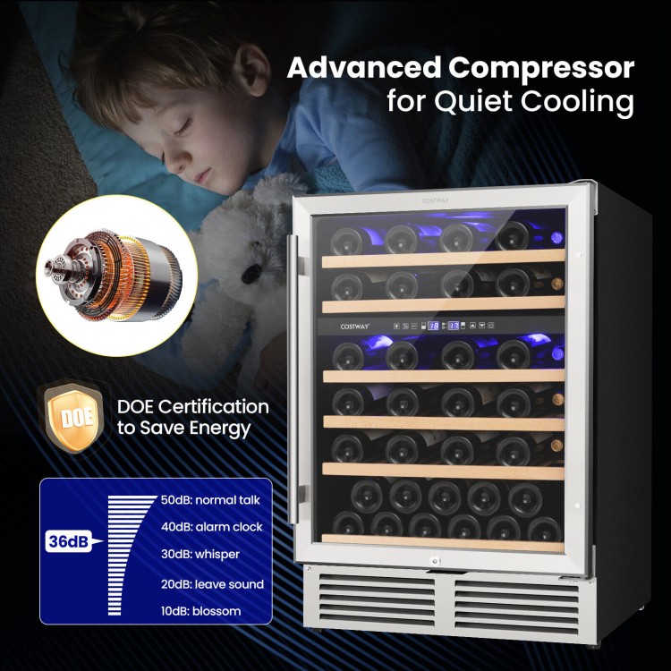 Dual zone wine cooler for 51 bottles with reversible door, featuring quiet compressor and blue LED lights for display.