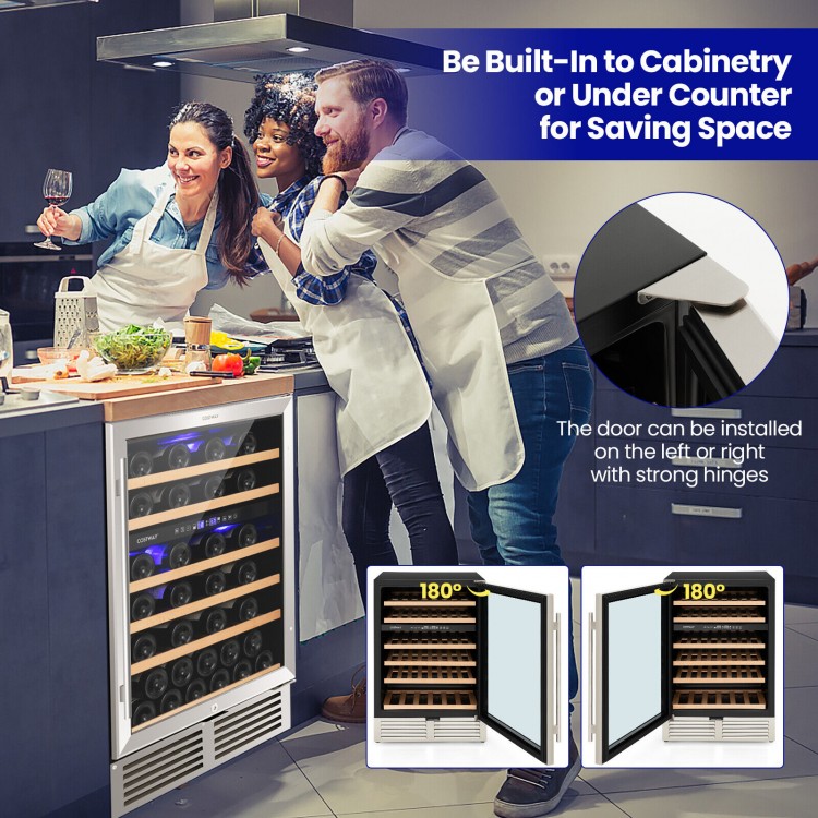 Dual zone wine cooler for 51 bottles with reversible door, built-in design, and blue LED lights for display.