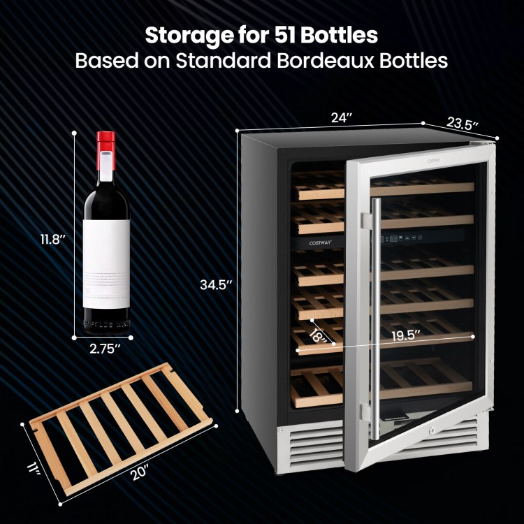 Dual zone wine cooler for 51 bottles with reversible door, featuring beech wood shelves and LED control panel.