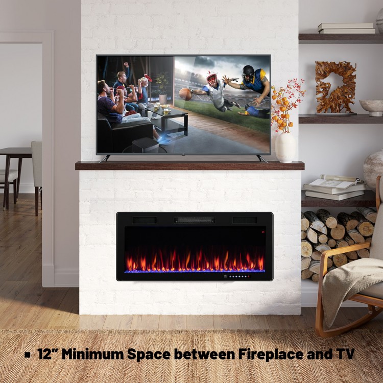 Electric fireplace with adjustable flame colors and brightness, wall-mounted, ideal for cozy living spaces.