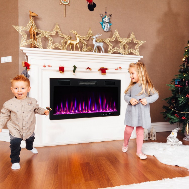 Electric fireplace with adjustable flame colors and brightness, suitable for recessed or wall-mounted installation.