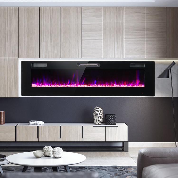 60-inch ultra-thin electric fireplace with customizable flame colors and remote control, perfect for wall mounting.