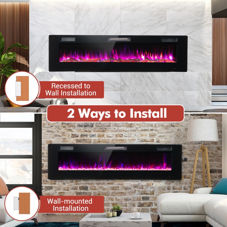 60-inch ultra-thin electric fireplace showing recessed and wall-mounted installation options, featuring colorful flame.