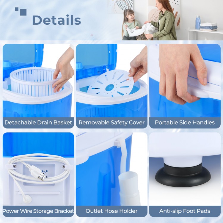 Detachable drain basket and removable safety cover of the 5.5 lbs portable semi-auto washing machine for easy use.