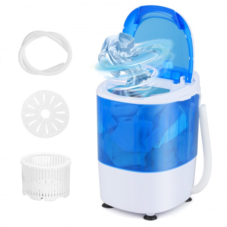 Portable semi-auto washing machine with a 5.5 lbs capacity, clear lid, and drainage hose for easy laundry management.