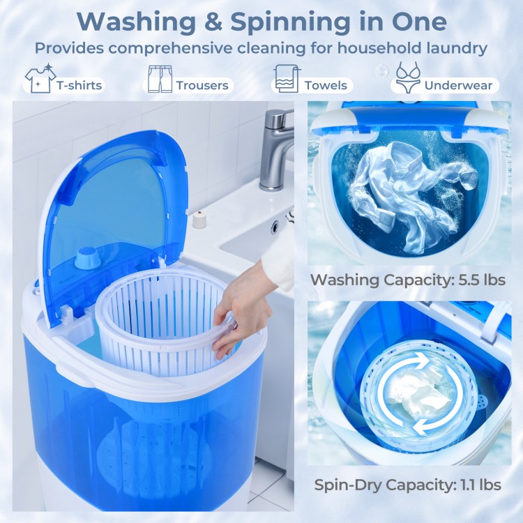 Portable semi-auto washing machine with a 5.5 lbs capacity, featuring a clear lid and convenient drainage hose for easy.