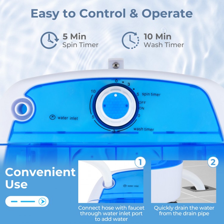 Control panel of a 5.5 lbs portable semi-auto washing machine with timer settings for convenient laundry use.