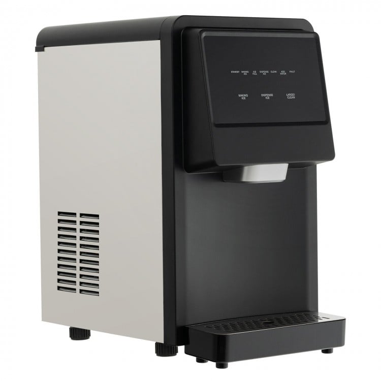 Self-dispensing countertop nugget ice maker in silver, producing 55 lbs of chewable ice daily, with LED light and.