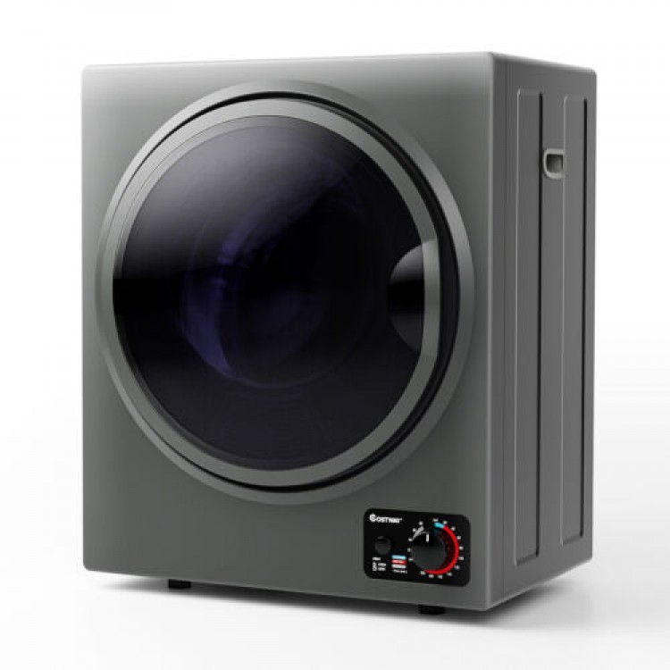 Compact 1.5 cu. ft. gray clothes dryer with stainless steel tub, see-through window, and four drying modes for.