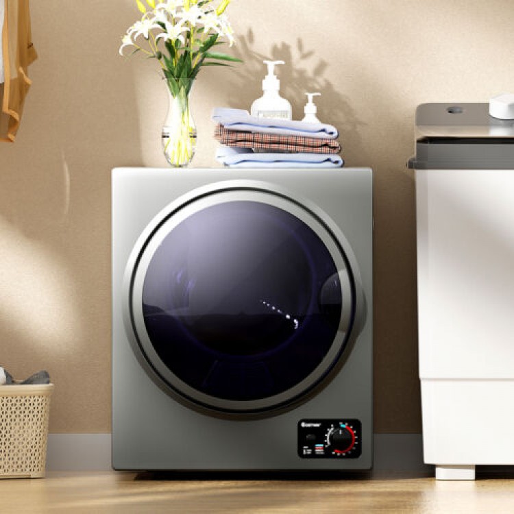 Compact 1.5 cu. ft. gray clothes dryer with stainless steel tub, wall-mounted design, and see-through window for.