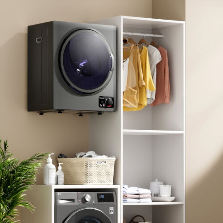Compact 1.5 cu. ft. gray clothes dryer with stainless steel tub, wall-mounted, featuring a see-through window and.