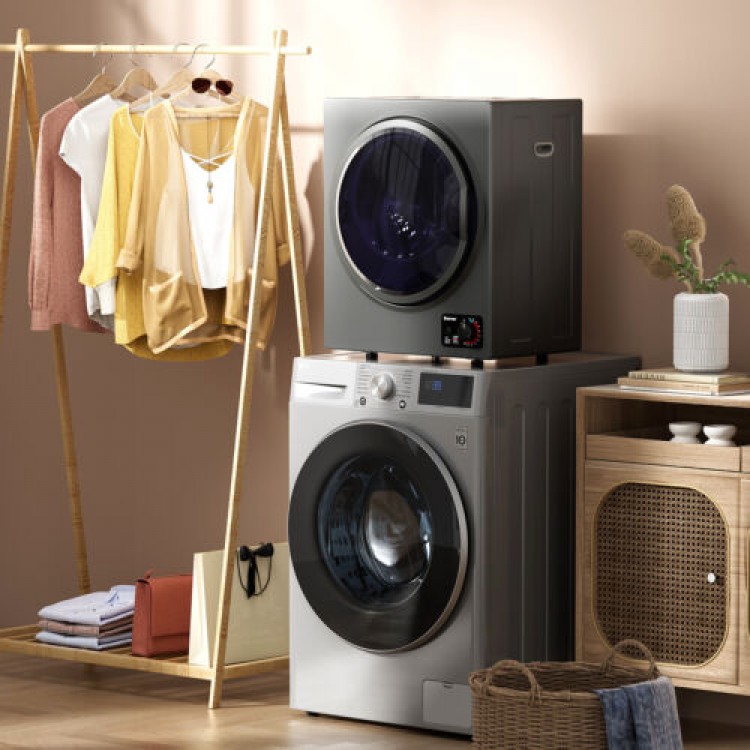 Compact 1.5 cu. ft. gray clothes dryer with stainless steel tub, featuring a see-through window and anti-wrinkle.