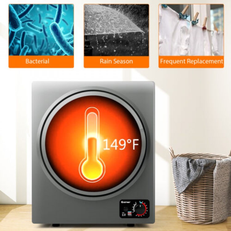 1.5 cu. ft. stainless steel clothes dryer in gray with see-through window, ideal for wall mounting and drying up to 10.