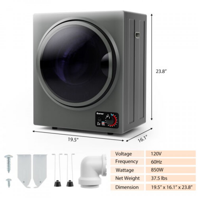 Compact 1.5 cu. ft. gray clothes dryer with stainless steel tub, wall mountable, featuring a see-through window.