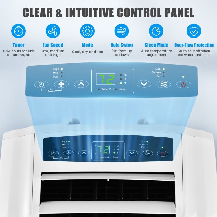 Control panel of the 12000 BTU dual hose portable air conditioner with remote, featuring adjustable louvers and timer.