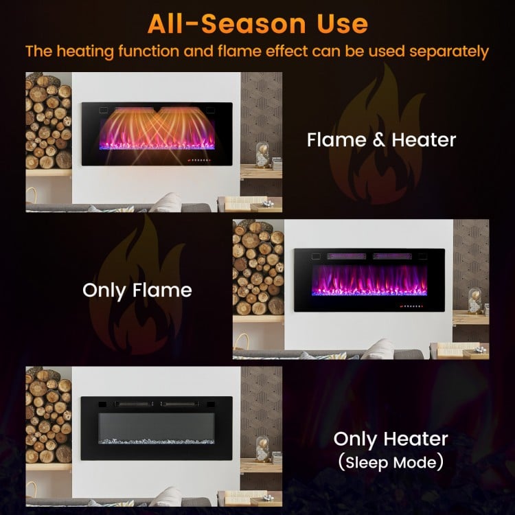 42-inch ultra-thin electric fireplace showcasing flame and heater modes, featuring decorative crystals for stylish.