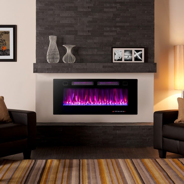 42-inch ultra-thin electric fireplace with decorative crystals, showcasing vibrant flame colors, for stylish indoor.
