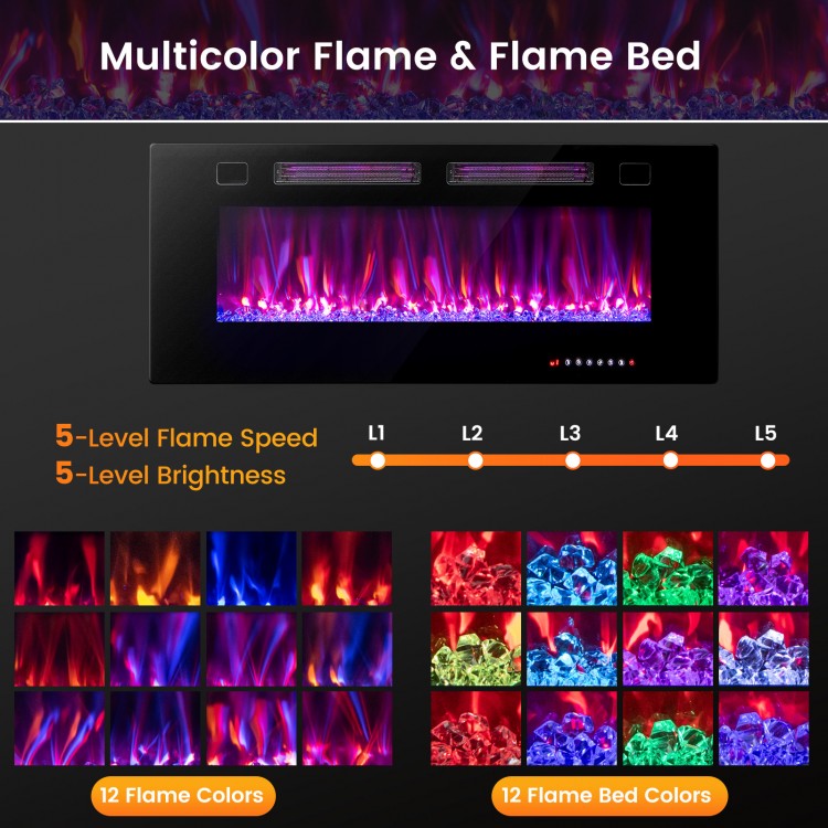 42-inch ultra-thin electric fireplace with multicolor flame effects and decorative crystals for wall-mounted.