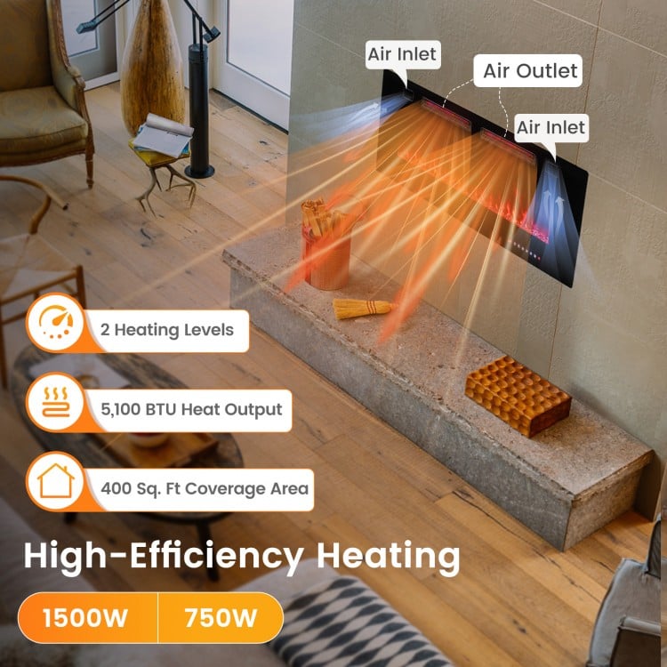 42-inch ultra-thin electric fireplace with decorative crystals, 1500W heat output, and smart app control for cozy.