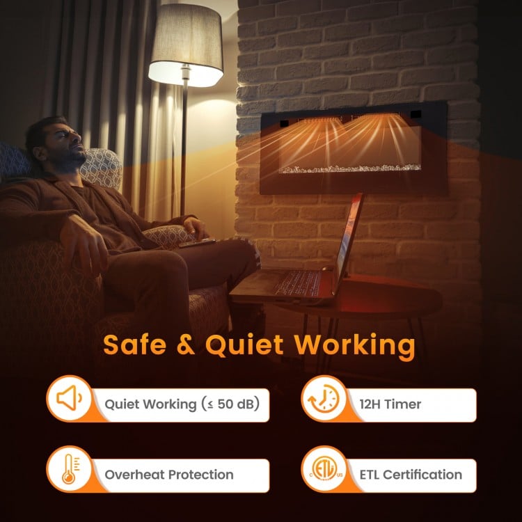42-inch ultra-thin electric fireplace with decorative crystals, remote control, and 12H timer for safe, quiet warmth.