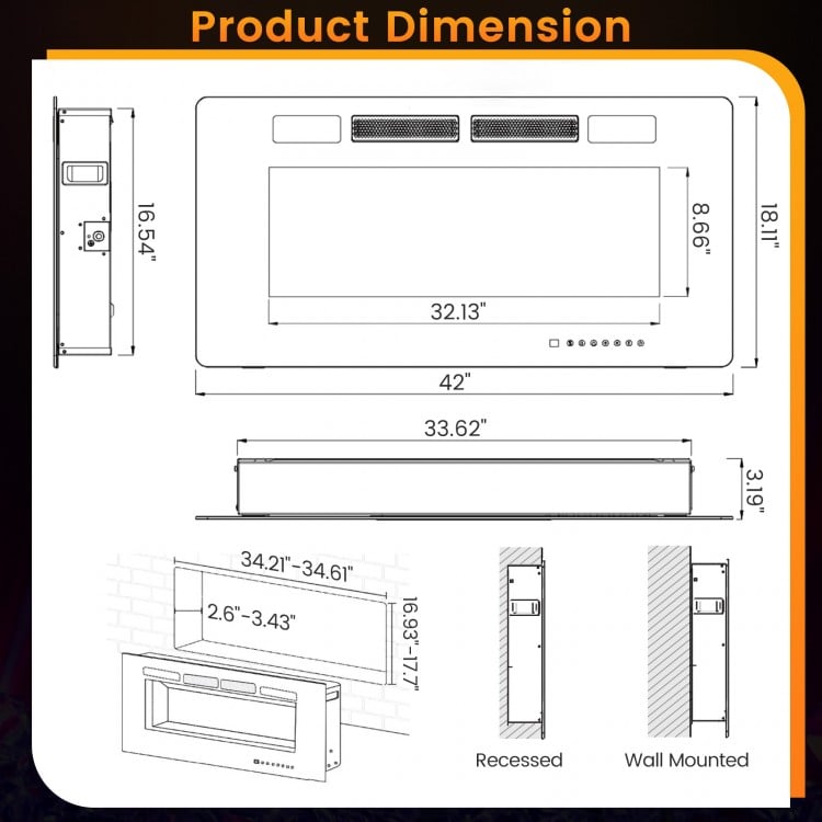 42-inch ultra-thin electric fireplace dimensions with recessed and wall-mounted options for versatile installation.