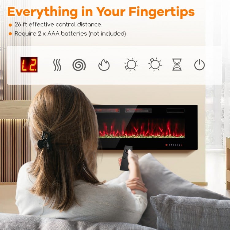 Ultra-thin 60-inch electric fireplace with decorative crystals, featuring remote control and customizable flame colors.