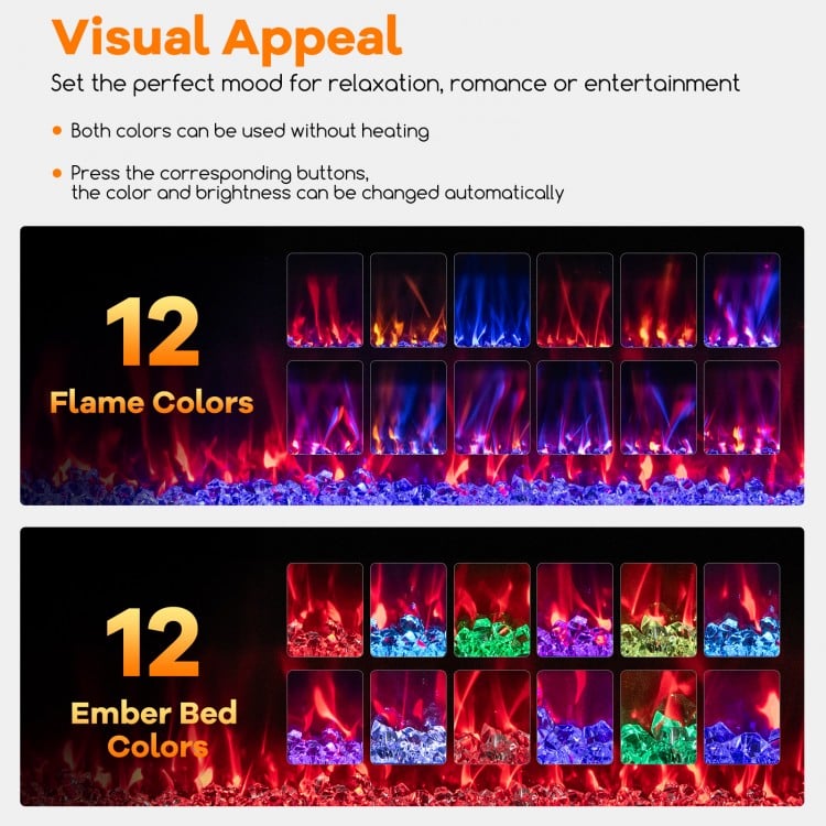 Close-up of the 60-inch electric fireplace showcasing 12 flame and ember bed colors for customizable ambiance.