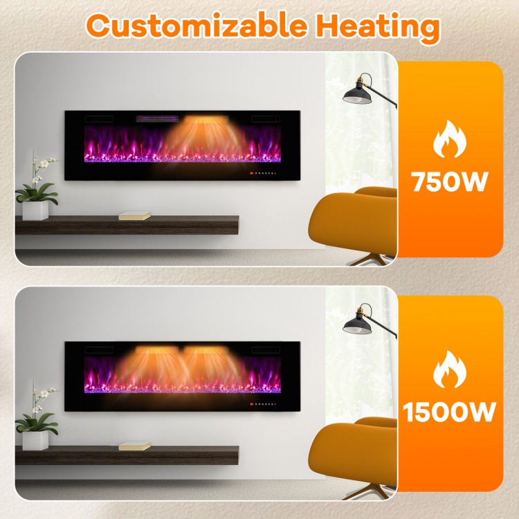60-inch ultra-thin electric fireplace with customizable heating, decorative crystals, and 12 flame colors for indoor.