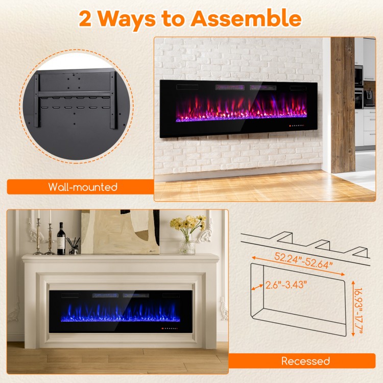 Ultra-thin 60-inch electric fireplace, wall-mounted or recessed, featuring 12 flame colors and customizable heat.