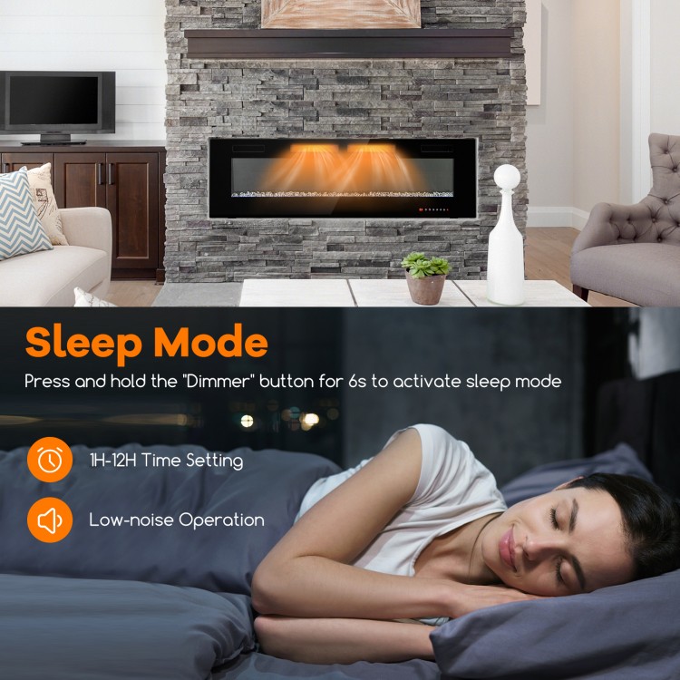60-inch ultra-thin electric fireplace with decorative crystals, featuring sleep mode and customizable flame settings.