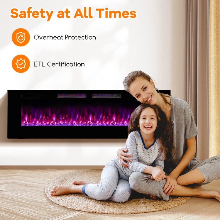60-inch ultra-thin electric fireplace with decorative crystals, featuring 12 flame colors and ETL certification for.